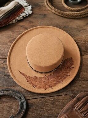 Jewel and Clara: Tan Felt Wide-Brim Hat with Feather Detail